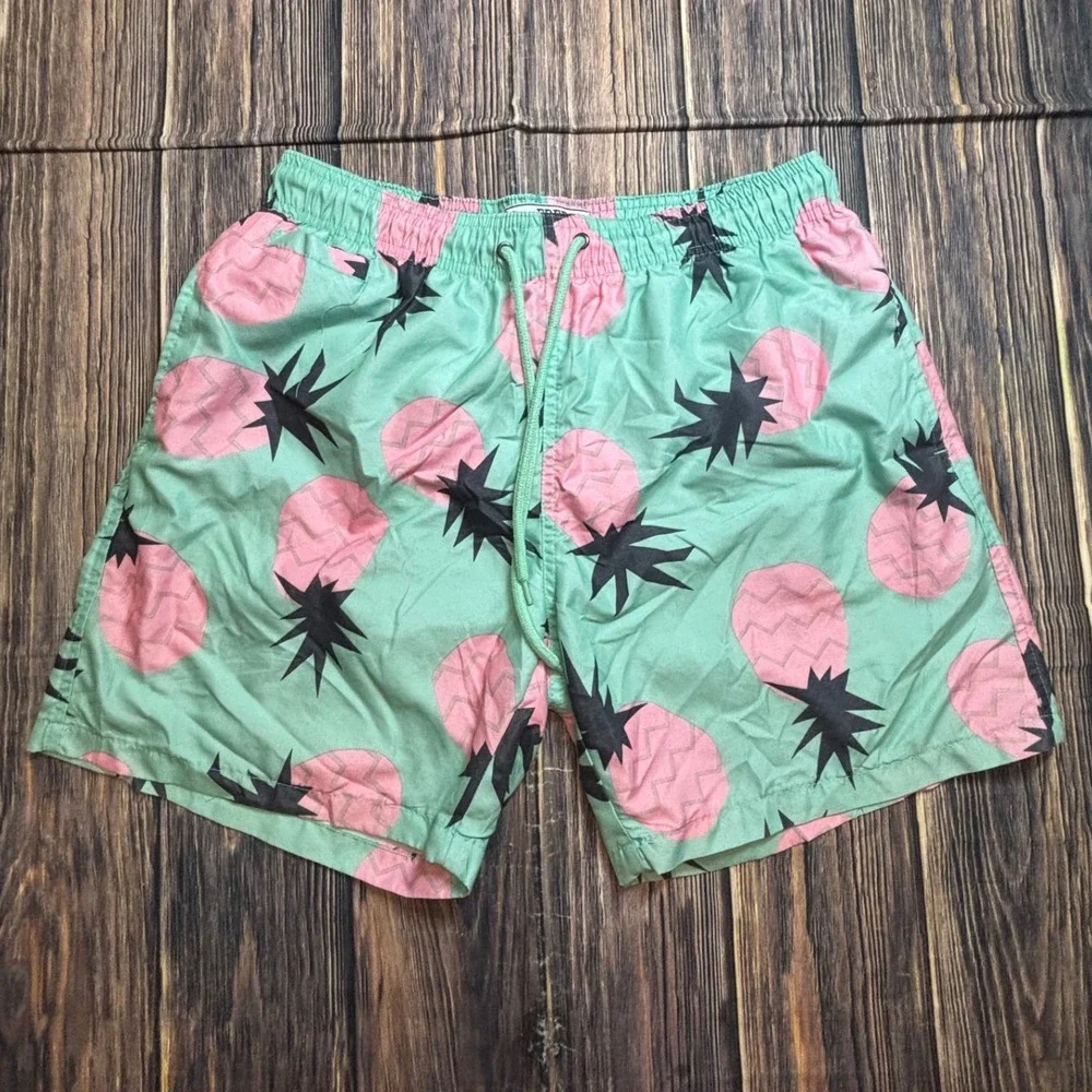 Free Planet Swim Trunks Mens L Mint Green Pink Pineapple Tropical Board Shorts